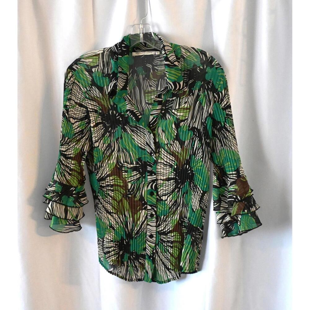 Melanie Lyne Sheer Floral Pattern Blouse with Ruffled Sleeves